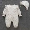 Overalls Blumendruck Frühling Sommer Baby Mädchen Kleidung Rüschen Spitze Langarm Baumwolle Overall Set Mädchen Strampler + Hüte L240307