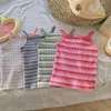 Baby Girls Sebless Sest Kids Striped Tank Tops Square Clip Camisole 2024 Summer Childrens Intelarens Intelder Clothing Korean Style 240301