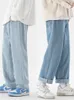 Korean Fashion Mens Casual Ankle-Length Jeans Classic Man Straight Denim Wide-leg Pants Light Blue Grey Black 3XL 240304