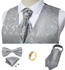 Gilet da uomo Gilet argento Paisley Floreale Gilet da sposa in seta Uomo Ascot Cravatta Tasca quadrata Cravatta Anello Giacca senza maniche DiBanGu