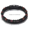 Beaded Mens Natural Stone Mti skiktade läderarmband för kvinnor Tiger Eye Lava Rock Pärlor Kedjor Bangle Fashion Magnetic Buckle Jew Dhauh