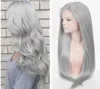 100 cheveux humains de haute qualité mode cosplay perruques de dentelle complète vendre argent gris moyen long brun casquette noeuds blanchis avant dentelle W4519976