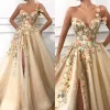 Split Sexy Flowers One Shoulder A Line Tulle Prom Dresses Backless Evening Gowns BC0684