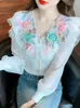 Blusas femininas floral renda costura malha chiffon retalhos camisa outono topo 2024 bonito decote em v manga lonfg blusa