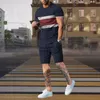 Mens Tracksuit 2 Piece Set Summer Stripe Sport Hawaiian Suit Short Sleeve T Shirt and Shorts Casual Fashion Man Clothing 240226