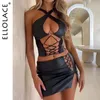 Ellolace Sexy Short Mini Skirts Sets for Women 2 Pieces Leather Outfit Lace Up Cross Bra Coquette