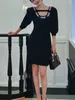 Party Dresses Women's Diamond-Studded U-Neck Knitted Dress Puff Sleeves Female Slim Stretch Black Short Robe 2024 Autumn