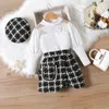 Set di abbigliamento Ragazza del bambino Autunno Inverno Vestiti T-shirt a maniche lunghe a costine Mini gonne scozzesi Berretto Berretto Neonato Set 3 pezzi