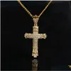 Collares colgantes Retro Sier Cross Charm Colgante Fl Ice Out Cz Simated Diamonds Collar de crucifijo católico con entrega de gota larga Judío DHF3L