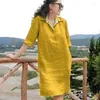 Abiti per feste 2024 Linen in cotone primaverile Donne a turno a turno nero a corto manica corta abiti da donna casual oversize