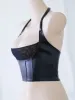 Camis Nouveau En Maintenant Halter Gilet Femmes Hauts PU Patchwork Maille Élastique Push Up Poitrine Night Club Tenues Body Show Sexy Femme Vêtements