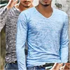 Heren T-shirts Herfst Slanke Streetwear V-hals T-shirt Mannen Casual Fitness Tops Tees Vintage Blauw Lange Mouw Plevier Homme plus Size Drop Dhwlw