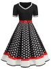 Elbise siyah vneck kısa kollu vintage pileli elbise kemer kadınları 50s polka nokta parti sundress bornoz artı boyut