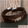 Braccialetti con ciondoli Braccialetti con ciondoli in acciaio inossidabile da uomo Chiusura magnetica Bracciale con ossa di pesce Marrone Mti Layer Bracciali in vera pelle intrecciata Bracciale rigido Dhzm3