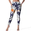 Leggings femininas margaridas branco azul sexy flores abstratas design ginásio yoga calças cintura alta secagem rápida esportes collants bolsos vintage