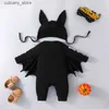 Overalls Halloween 0-2 Jahre Baby Fledermaus Strampler Säugling Jungen Mädchen Skelettdruck Langarm Body mit Hut Neugeborene Overalls Kostüm L240307