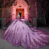 Różowy z kokardki na ramiona suknia kulowa quinceanera sukienki cekinowe aplikacje koronkowe plisowane gorset Sweet 15 vestido