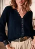레이스 스티칭 여성 V- 넥 니트 가디건 단일 가슴 기질 2 색 긴 소매 암컷 스웨터 240223