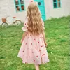 Grandes filles fraise broderie robes vieux enfants dentelle creuse falbala robe à manches courtes été adolescents rose princesse vêtements Z7001