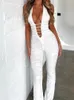 Women's Jumpsuits Deep V-neck Halter Criss-Cross Lace-up Backless Rompers Off Shoulder Playsuits Long Flare Pants