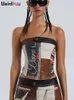 Weird Puss PU Leather Patchwork Print Tube Tops Women Y2K Zip Button Vintage Summer Trend Casual Corset Top Streetwear Wild Vest 240307