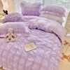 Seersucker Princess Bed Set Solid Color Quilt Cover Kawaii Ruffle Lace Skirt For Girls Woman Bedspread Decor Home 240226