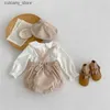 Tulumlar 2pcs/set bebek haki kıyafetleri yeni kızlar kadife romper bahar bebek gündelik peter pan yaka tatlı giyim seti l240307