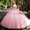 Pink Off The Shoulder Quinceanera Dress Ball Gown Applique Lace Beads Tull Corset Sweet 16 Vestidos De 15 Anos