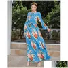 Abbigliamento etnico Donna Stampa floreale Manica lunga Abito maxi Cravatta Abiti con cintura pieghettata Primavera Estate Vacanza Abito da festa Caftano Musulmano D Dhxj4