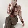 Camicette da donna 2024 Primavera Vintage Camicia stampata in seta Bowknot Donna Maniche lunghe Moda Pullover Camicetta