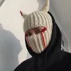 Beanieskull Caps Halloween Funny Horns Knitted Hat Beanies Wart Full Face Cover Ski Mask WindProof Balaclava for Outdoor Sport 220221V