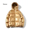 Parkas män och kvinnor unisex glansig down jacka vinter glansig silver/svart/guld/blå huva parta utkläder ner vadderade rockar kvinnliga