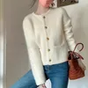 Vrouwen Knits Elegante Gebreide Witte Jas Vrouwen Ronde Hals Herfst Winter Fuzzy Vest Vrouw 2024 Lange Mouw Trui