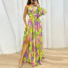 Klänning Boho Floral Print Party Dress Women Vestido Elegant Fashion Oneshoulder Holiday Fairy Dress Sexig Slim Pleated Aline Maxi Dress