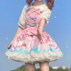 Платье Kawaii, мягкое девчачье японское милое платье в стиле Лолиты, винтажное платье принцессы без рукавов с квадратным воротником, мультяшным тортом, кружевным бантом, JSK