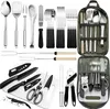 Set di utensili da cucina portatili da campeggio: kit di pentole da 27 pezzi, set da viaggio organizer per utensili da cucina e grigliate in acciaio inossidabile perfetto per viaggi, picnic, camper,