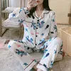 Pijamas femininos senhora pijamas floral impressão de seda conjunto de pijama para mulher manga longa camisa homewear calças largas perna primavera verão