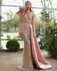 Stunning Pink Sequined Prom Dresses Flowers One Shoulder Mermaid Evening Gowns Formal Prom Party Dress