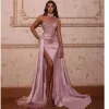 Mermaid Sparkling Pink Prom Dress Sleeveless Sequins Satin Side Slit Halter One Shoulder Sweep Length Vestido De Novia Custom Made