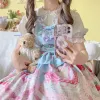 Платье Kawaii, мягкое девчачье японское милое платье в стиле Лолиты, винтажное платье принцессы без рукавов с квадратным воротником, мультяшным тортом, кружевным бантом, JSK