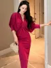 Abito retrò elegante chic maxi abiti per le donne 2023 rosa rosso nero abito lungo abito a pieghe partito ufficio femme vestiti strada vestido