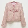 AW Aankomst Vrouwen Twee Stukken Sets Roze Kleur Tweed Ronde Hals Jas Slip Mini Jurk Met Pailletten En Diamanten 240223