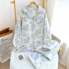 100% Cotton Gauze Women Pajamas Sleepwear Female 2 Piece Set Ink Painting Printing Nightwear Pyjamas Home Clothes Loungewear 240307