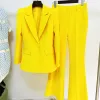 Tute Moda Abiti da donna Slim Fit 2 pezzi Giallo risvolto con risvolto Giacca a un bottone Prom Party Office Lady Abiti Giacca pantaloni svasati Set