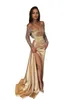 Off shoulder gold prom dresses long sleeves high split sequins party dress sweep train elegant evening gown