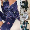 Women's Sleepwear 2 Pcs/Set Women Spring Summer Pajama Set Floral Print Silky Lapel Long Sleeve Loose Wide Leg Homewear Shirt Pants