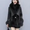 Haining 2023 Winter New Mid Length Fox Hair Korean Edition PU Leather Spliced Fur Coat For Women 581727
