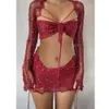 Crochet Robe Tricotée Deux Pièces Jupe Ensembles D'été Femmes Vêtements Sexy Crop Tops Élégant Tricot Robe À Paillettes 2 Pièces Ensemble Tenue 240307