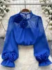 Kvinnor Bluses 3D Flower Chiffon Blue Ruffles Collar Long Sheer Sheer med foder Ladies France Vintage Senior Elegant Ol Tops