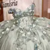 Мятно-зеленый цвет с иллюзией и аппликацией, кружевные платья Quinceanera, бальное платье с открытыми плечами, 3D цветы, сладкий день рождения 15